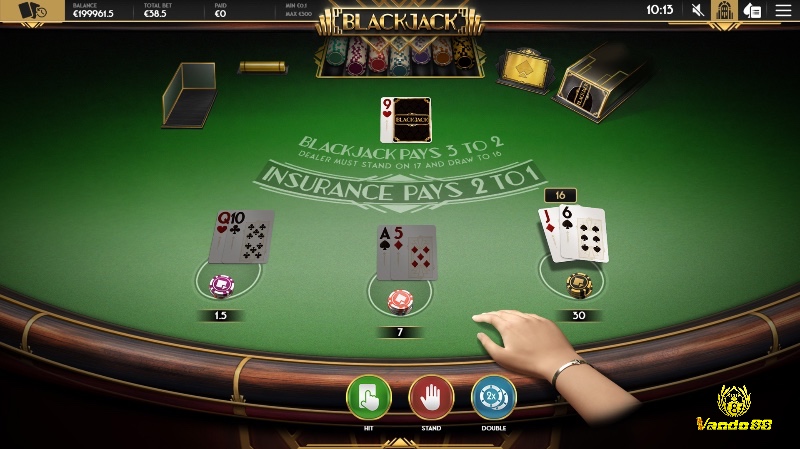Các giá trị lá bài và thao tác cơ bản như Hit, Stand, Double Down, Split, Surrender.